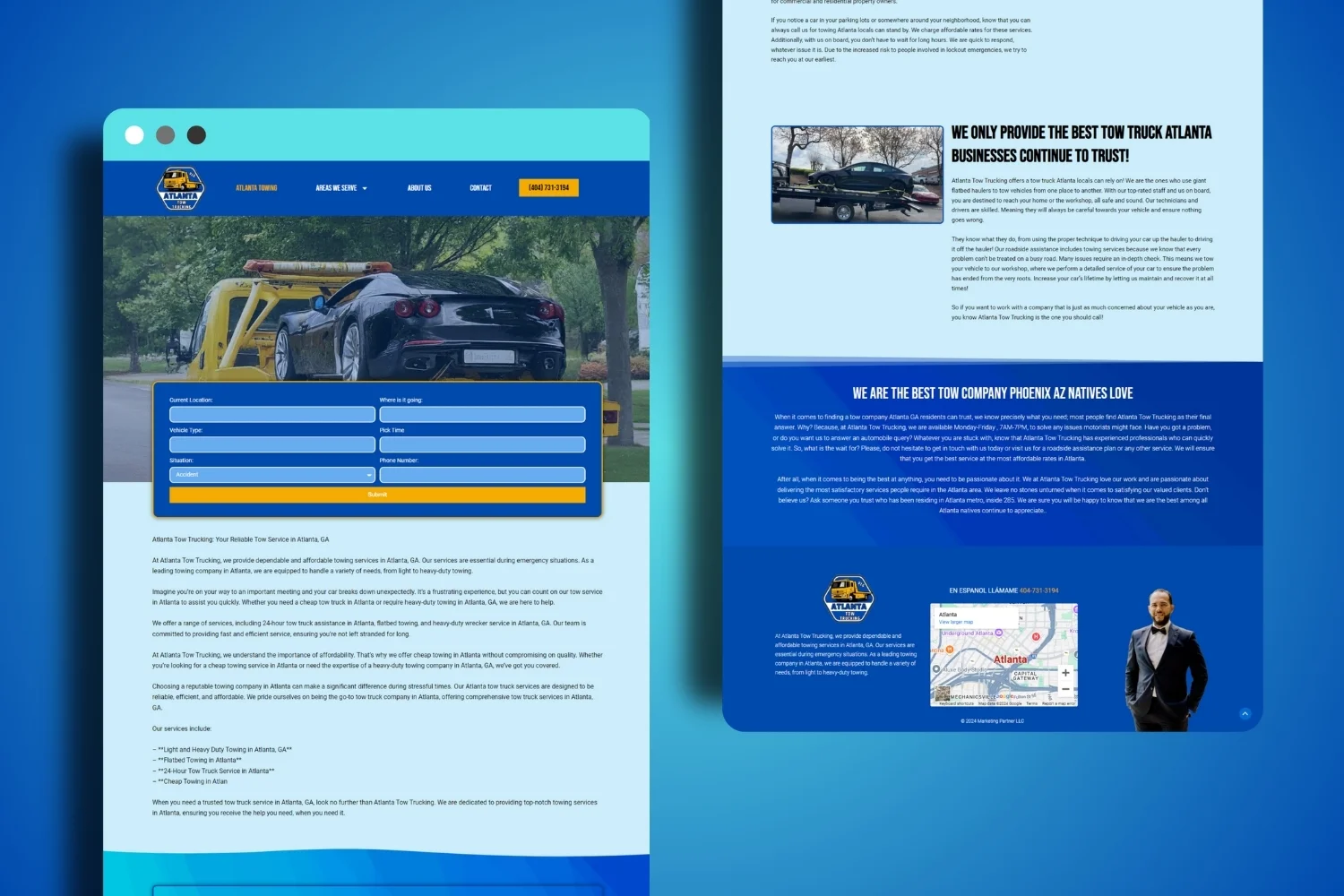 altanta tow trucking full website mockup